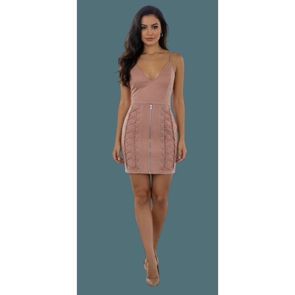 Seek The Label Dusty Pink Faux Suede Lace Up Bodycon Mini V Neck Dress Size S - Picture 1 of 13